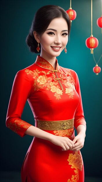 belleza mujer con rojo cheongsam feliz sonriendo imágenes con ai generado