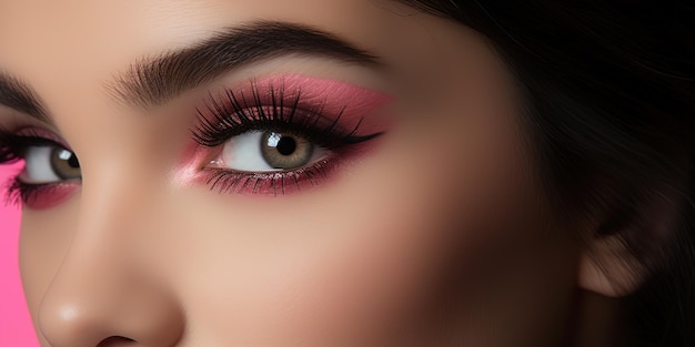 Belleza mujer rosa sombra de ojos flechas de maquillaje y pestañas largas