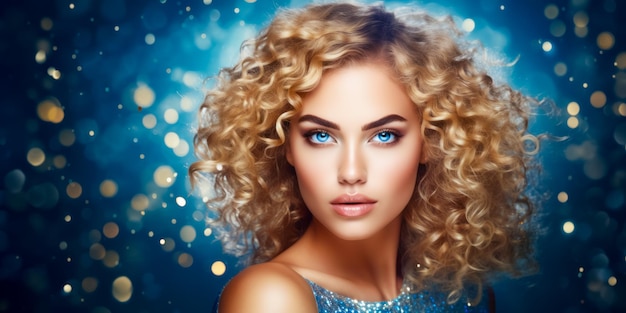 belleza mujer rubia con cabello rizado en azul dorado brillo fondo peinado concepto espacio libre