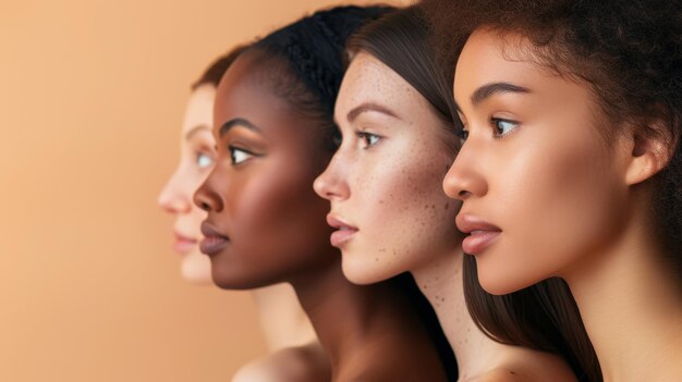 La belleza de las mujeres de diferentes etnias posando y sonriendo ante la cámara mujeres caucásicas africanas asiáticas posando y Sonriendo contra un fondo beige