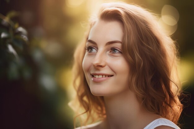 Belleza natural de una mujer con una sonrisa amable y una iluminación tenue en un entorno tranquilo