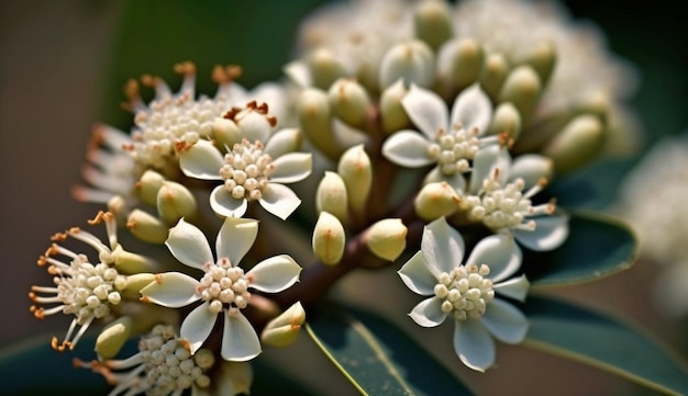 Belleza de la naturaleza capturada cerca de hojas y pétalos de flores generados por IA