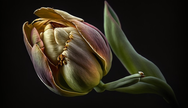 La belleza de la naturaleza cierra una sola flor sobre fondo negro generado por IA