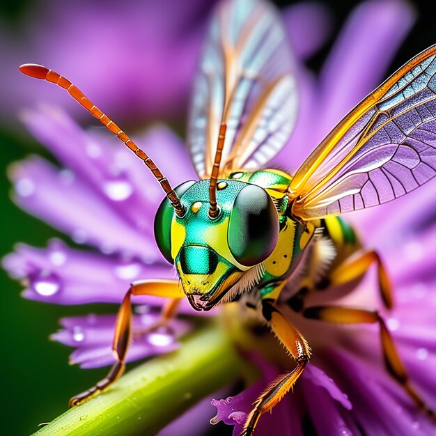 Foto la belleza de la naturaleza desató una vibrante foto macro de una colorida avispa sobre flores de color púrpura