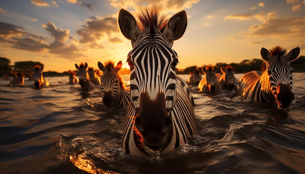 Belleza de la naturaleza en África puesta de sol cebra safari vida silvestre reflexión generada por inteligencia artificial