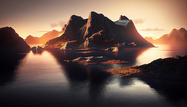 Belleza de la naturaleza en la montaña al atardecer y la IA generativa del agua