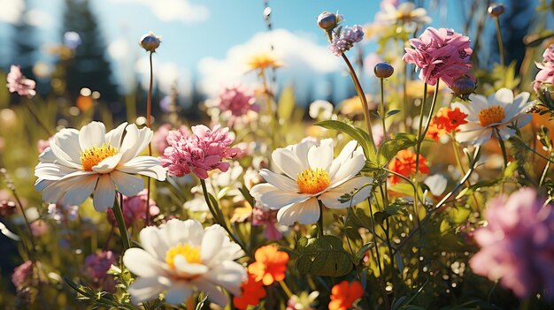 La belleza de la naturaleza en el prado de verano con flores silvestres en el fondo