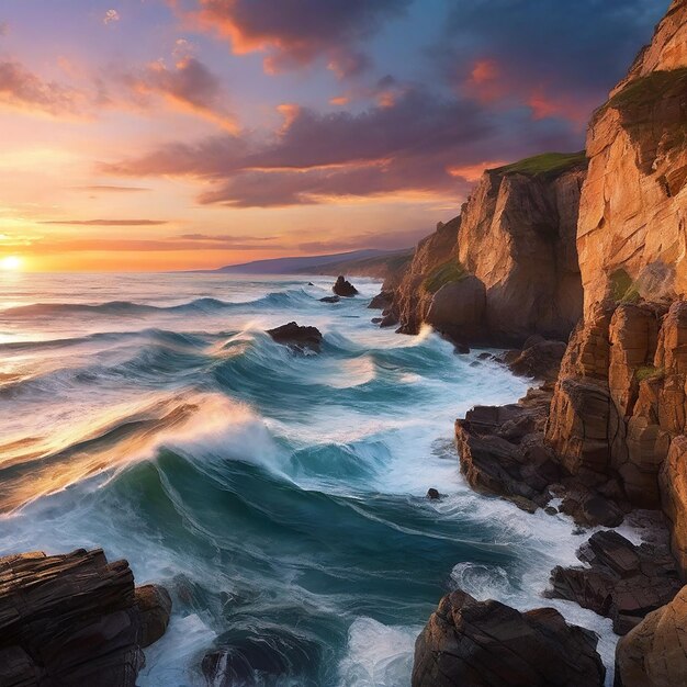 Belleza de la naturaleza puesta de sol cielo aguas olas costa acantilados rocosos