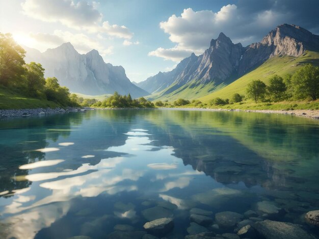 La belleza de la naturaleza se refleja en las tranquilas aguas de la montaña generativa ai