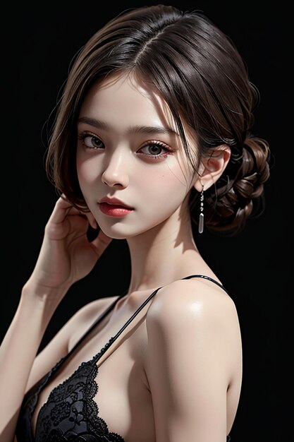 Belleza oriental rasgos faciales delicados joven hermosa chica con vestido de noche cuerpo caliente