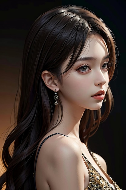 Belleza oriental rasgos faciales delicados joven hermosa chica con vestido de noche cuerpo caliente