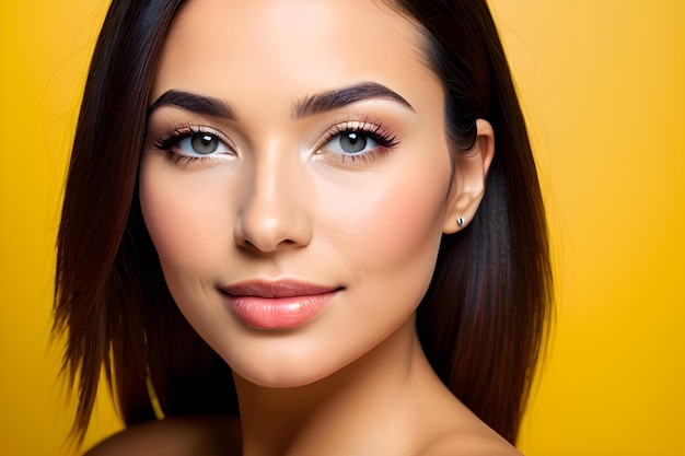 Belleza y piel sana mujer con maquillaje natural sobre fondo amarillo