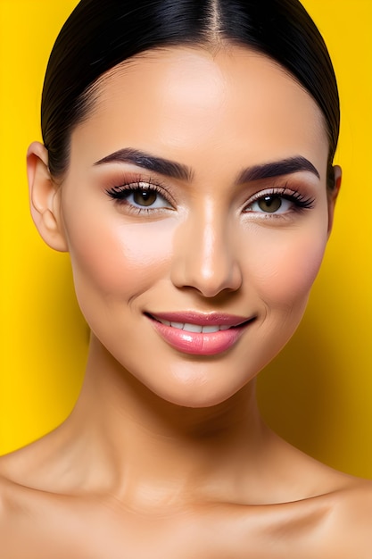 Belleza y piel sana mujer con maquillaje natural sobre fondo amarillo