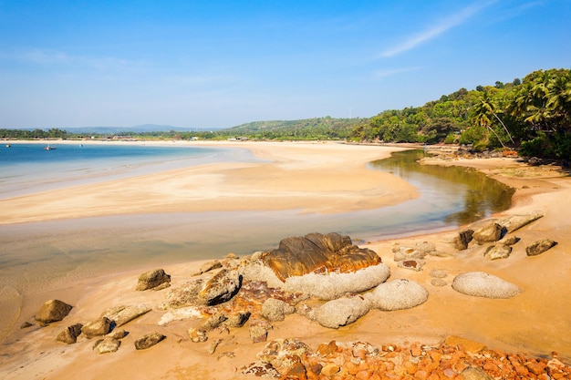 Belleza playa solitaria con laguna y arena amarilla en Goa, India