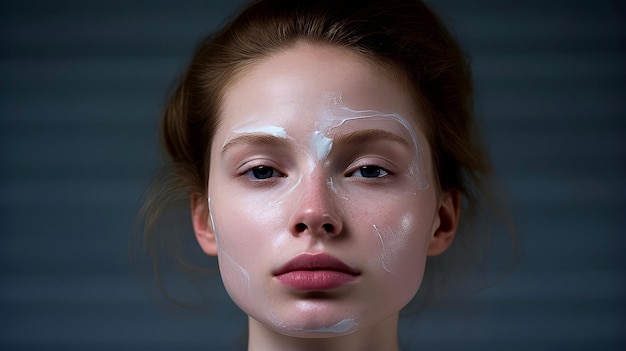 Belleza radiante CloseUp de mujeres jóvenes piel limpia con crema en las mejillas