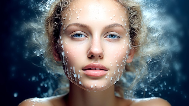 Belleza radiante CloseUp de mujeres jóvenes piel limpia con crema en las mejillas