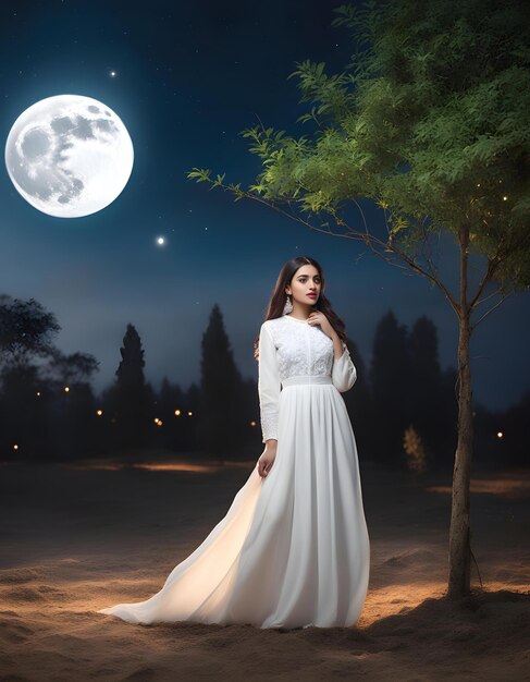 La belleza radiante de la mujer paquistaní abrazando la serenidad de la luz de la luna