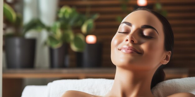 La belleza relajante la joven disfrutando de un mimoso masaje facial en un lujoso balneario