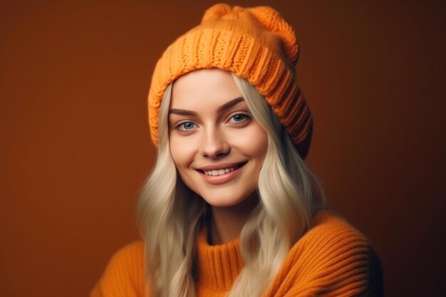 La belleza rubia radiante en un acogedor sombrero de lana exuda felicidad IA generativa