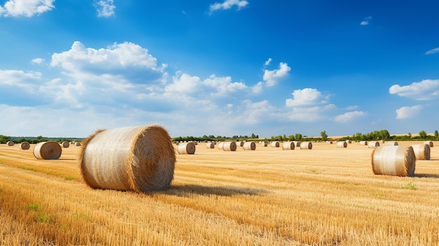 Belleza rural Campo agrícola con balas de heno en un día cálido