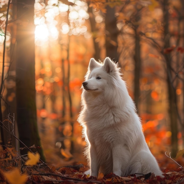 La belleza del samoyedo sentado serenamente en medio del exuberante paisaje forestal