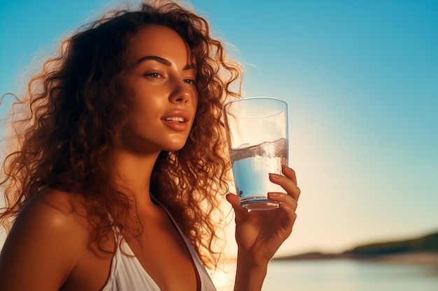 Belleza sensual mujer morena rizada bebiendo agua en la playa