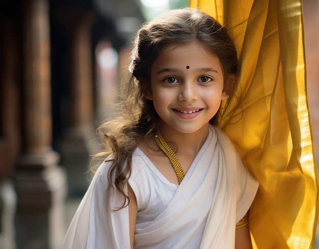 La belleza serena de la joven india en el puro sari de seda blanca en el patio del templo