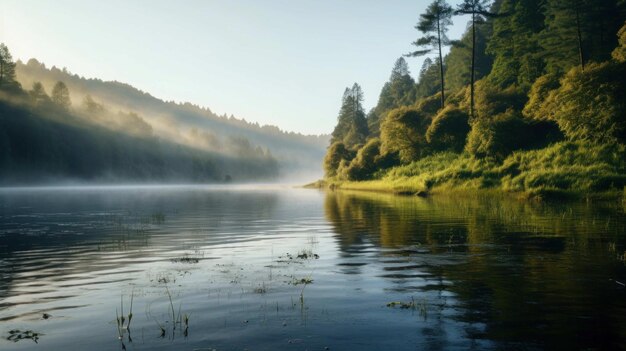 la belleza serena de un lago tranquilo rodeado de exuberante vegetación