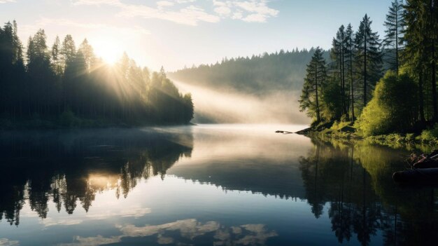 la belleza serena de un lago tranquilo rodeado de exuberante vegetación