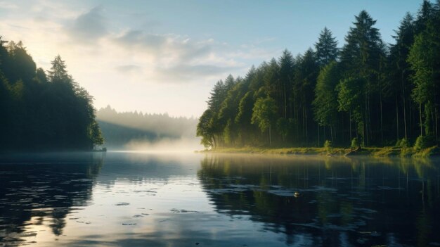 la belleza serena de un lago tranquilo rodeado de exuberante vegetación