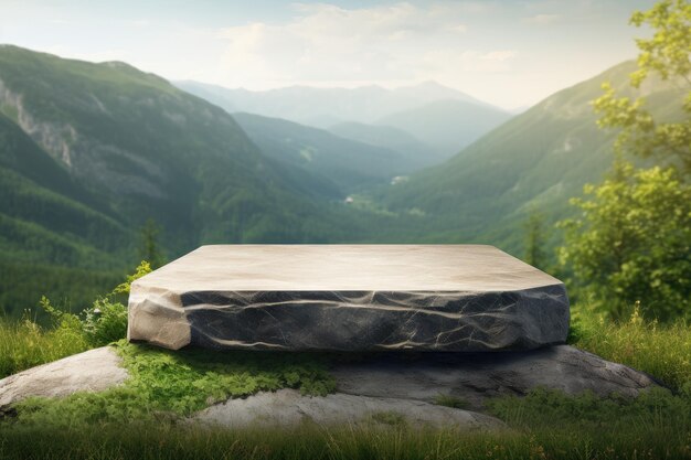 La belleza serena de la naturaleza muestra un podio de granito de piedra con paisaje montañoso para productos saludables