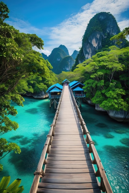 Foto la belleza serena del puente de madera de koh nangyuans en surat thani