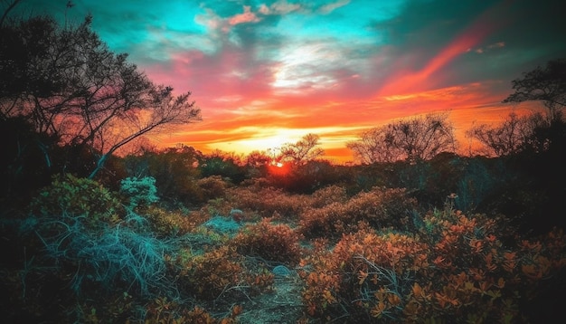 Belleza de la silueta del árbol con retroiluminación del cielo de la puesta de sol vibrante generada por IA