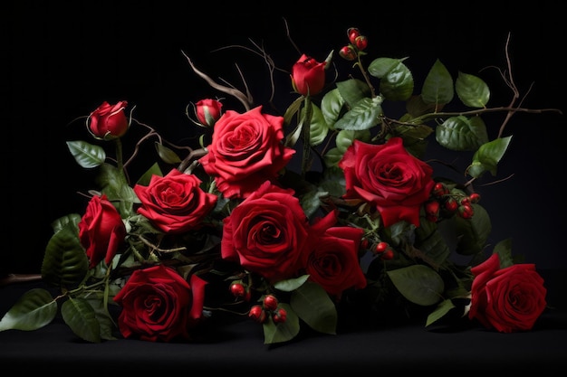 La belleza vibrante Un estudio de las rosas rojas con hojas verdes y brotes florales ar 32