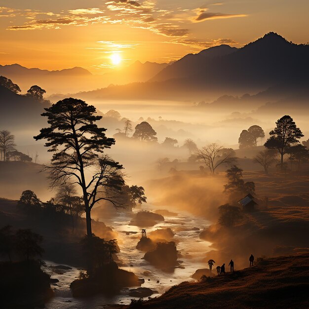 Bellissimo paesaggio dello strato di montagna nel raggio del sole del mattino e nebbia invernal 3