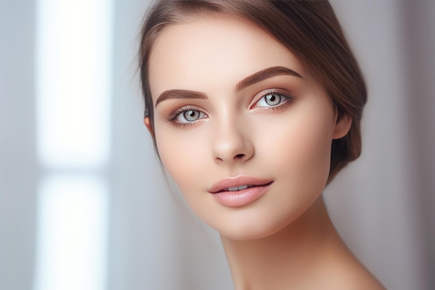 Bello rostro de una mujer joven con piel de salud perfecta sobre fondo claro IA generativa