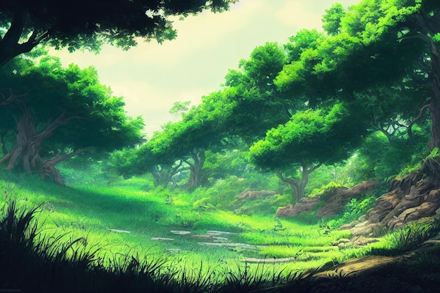 Belo ambiente ilustração de natureza em imagem de fundo de estilo de arte de anime