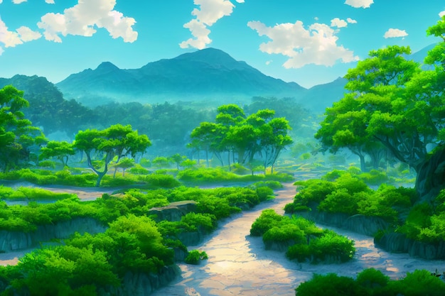 Belo ambiente ilustração de natureza em imagem de fundo de estilo de arte de anime