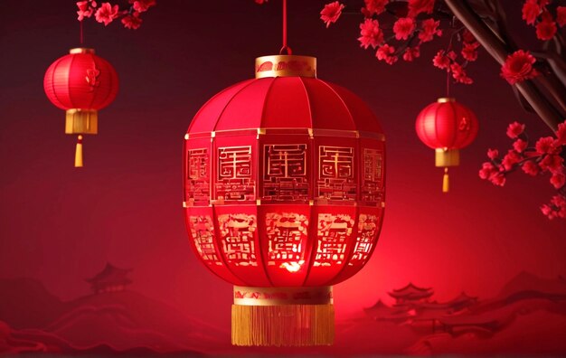belo Ano Novo Chinês em cor vermelha e corte de papel Lanterna saudações clássicas festivas na noite