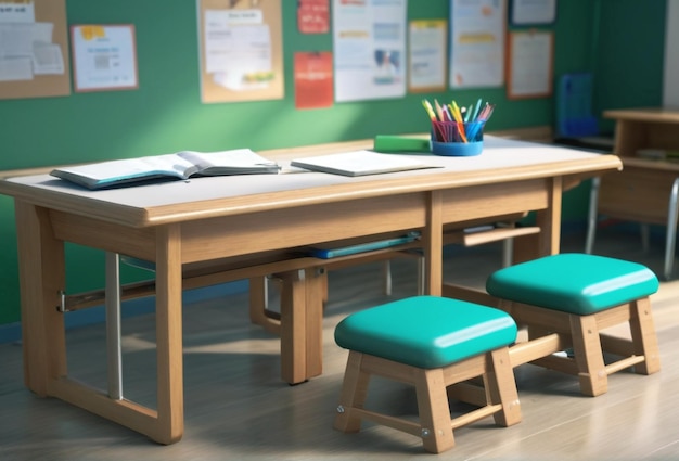 Foto belo banco e mesa da sala de aula da escola com outros suprimentos para o dia dos professores