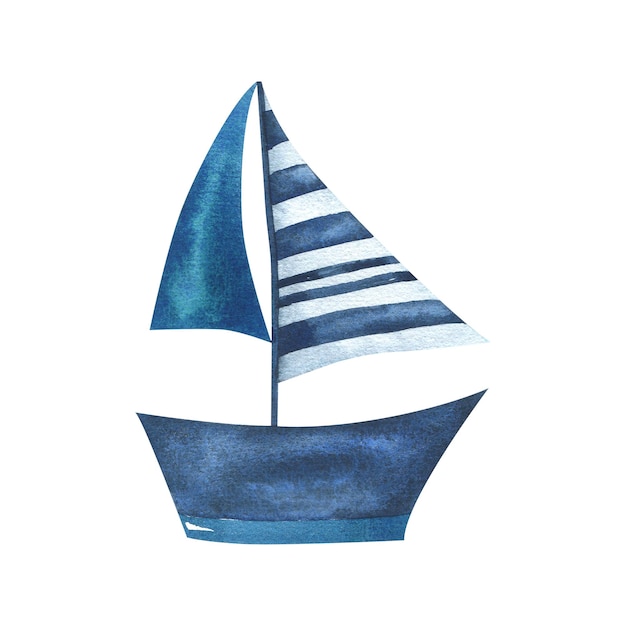 Belo barco azul com velas amarradas ilustração aquarela desenhada à mão em estilo infantil objeto isolado em um fundo branco