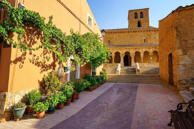 Belo beco cheio de vasos com flores nas fachadas das casas e igreja românica ao fundo san esteban de gormaz