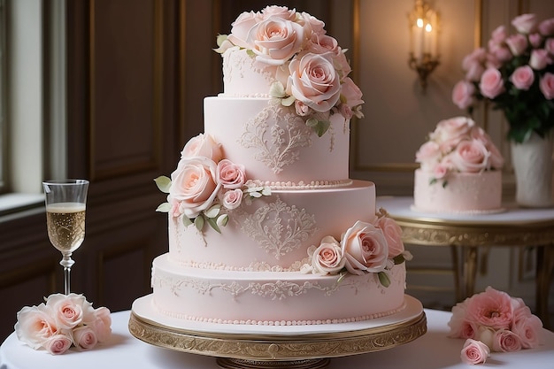 Belo bolo de casamento rosa elegante de quatro camadas decorado com flores de rosas