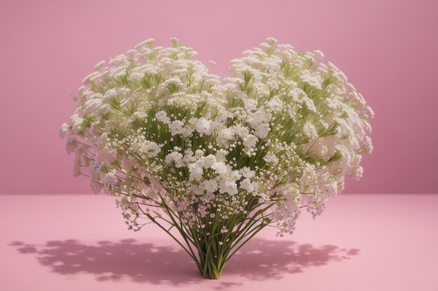 belo buquê de flores de respiração do bebê com forma de coração branco em fundo rosa