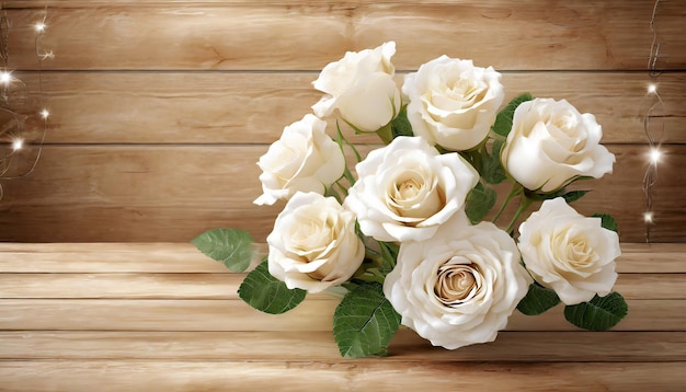 Foto belo buquê de flores de rosa branca em fundo de madeira
