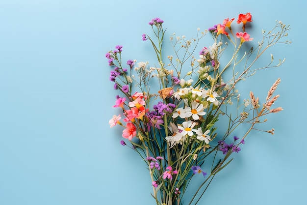 belo buquê de flores diferentes em fundo azul vista superior