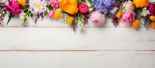 Belo buquê de flores no fundo de madeira branca imagem gerada por ia