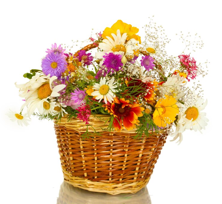 Foto belo buquê de flores silvestres brilhantes em cesta isolada em branco