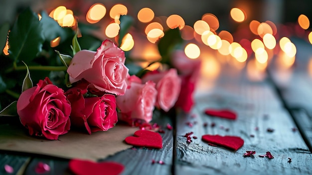 belo buquê de rosas vermelhas e cor-de-rosa em um fundo de madeira Amor Dia dos Namorados Dia das Mães