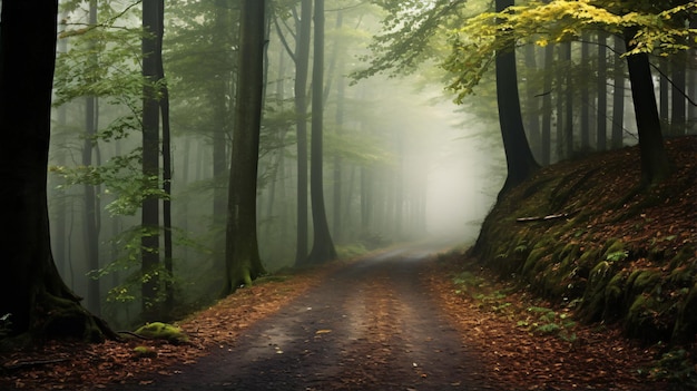 Belo caminho na floresta enevoada